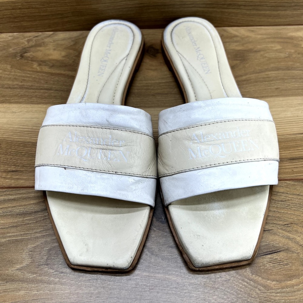 Alexander Mcqueen Slide Sandals 10 EU 40 White Beige Neutrals Leather Square Toe